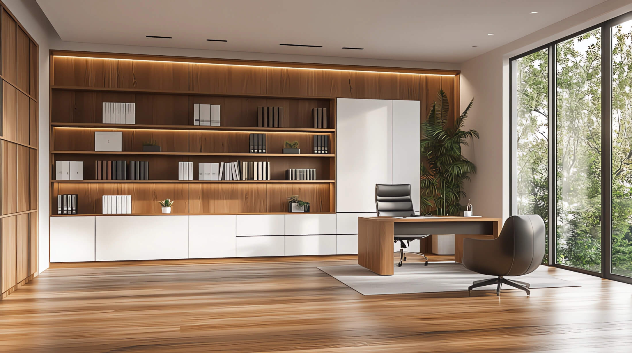 leadong_White_and_wood_office_interior_with_a_bookcase_desk_and_d1134ce7-87cc-4f62-974a-8c2ee8e4c212